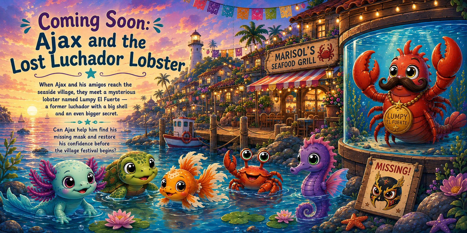 Teaser artwork for Ajax and the Lost Luchador Lobster — Book 2 in the Ajax the Aqua Axolotl series