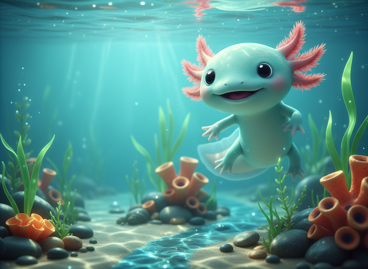 Ajax, a cheerful aqua axolotl with pink-coral gills, swimming through a bright underwater world of teal water, green plants, and orange coral