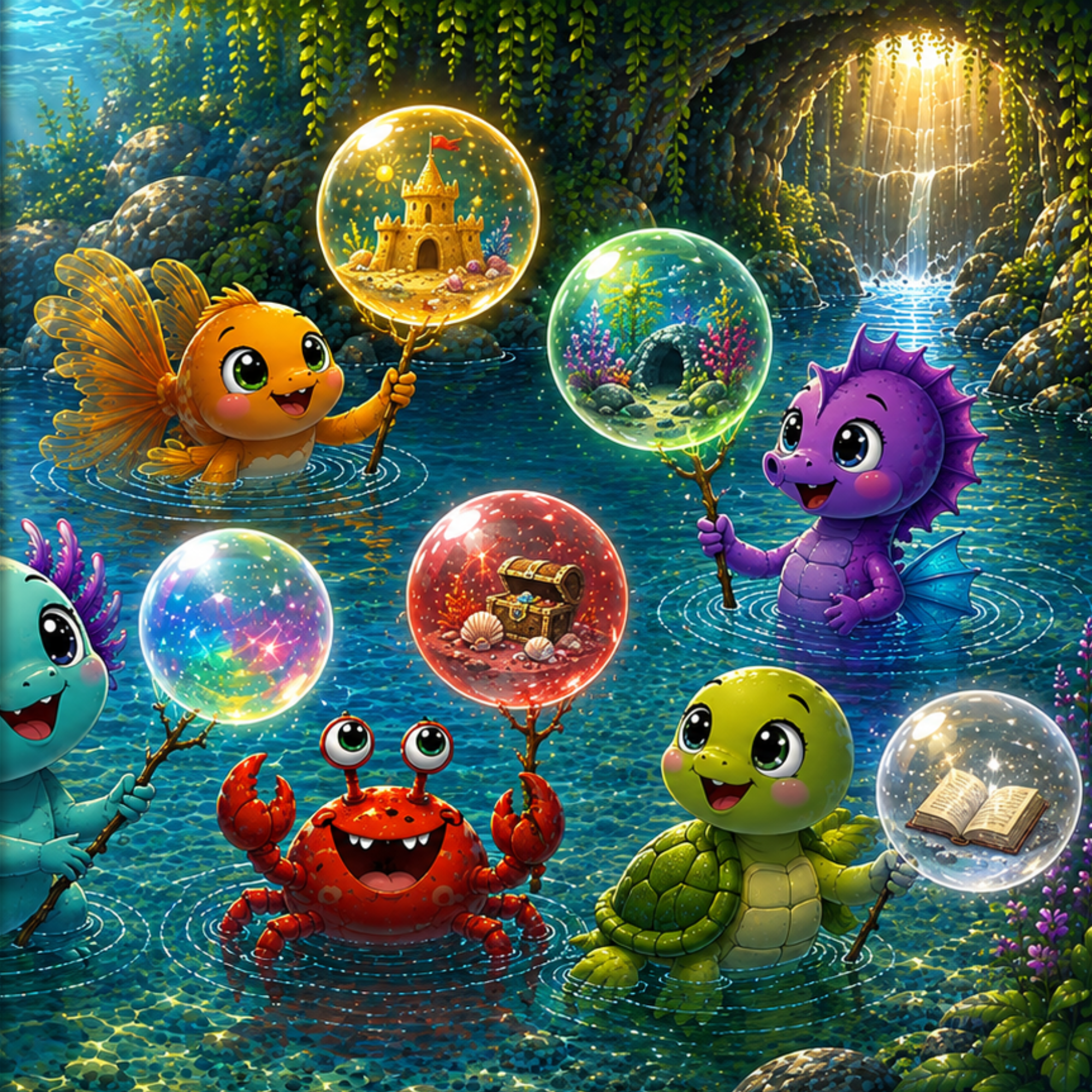 Ajax and friends holding magical glowing bubbles underwater